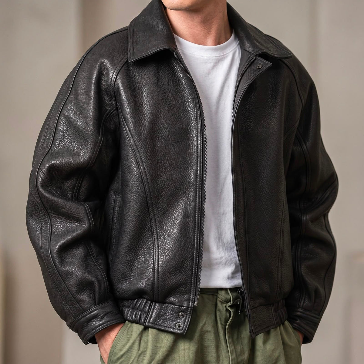 Men's Leather Jacket With Collar And Front Zipper - Harren Cole