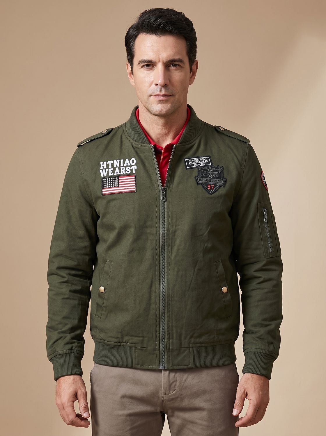 Men's Military Patch Zip-Up Bomber Jacket - Harren Cole