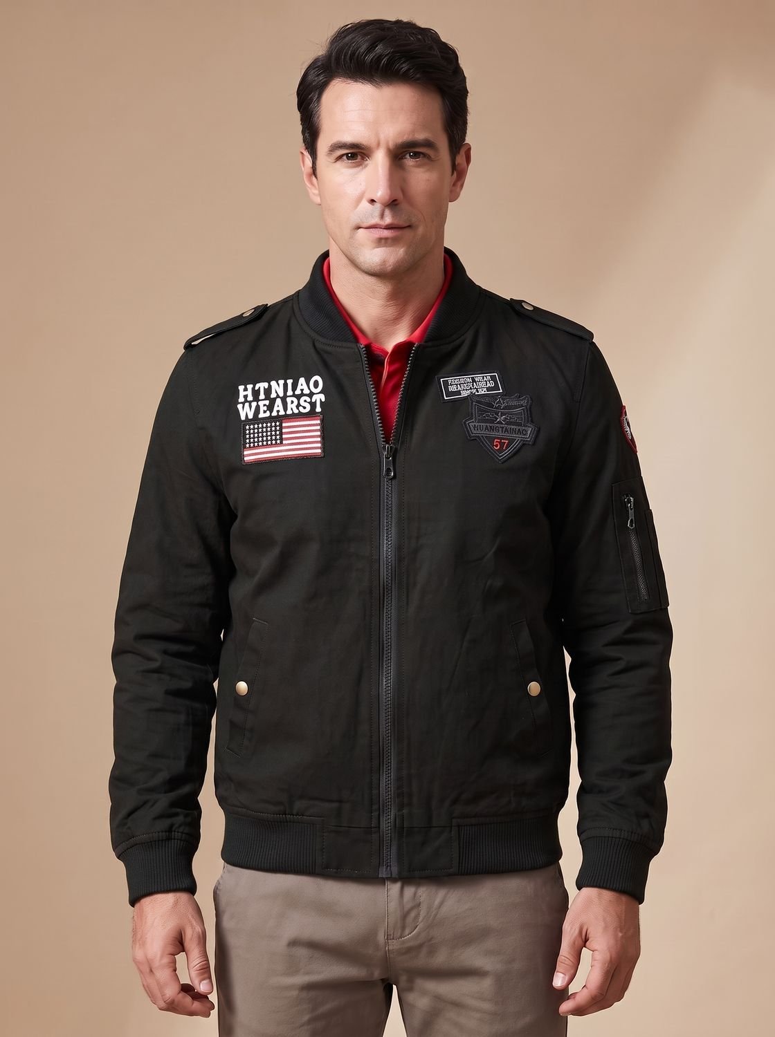 Men's Military Patch Zip-Up Bomber Jacket - Harren Cole