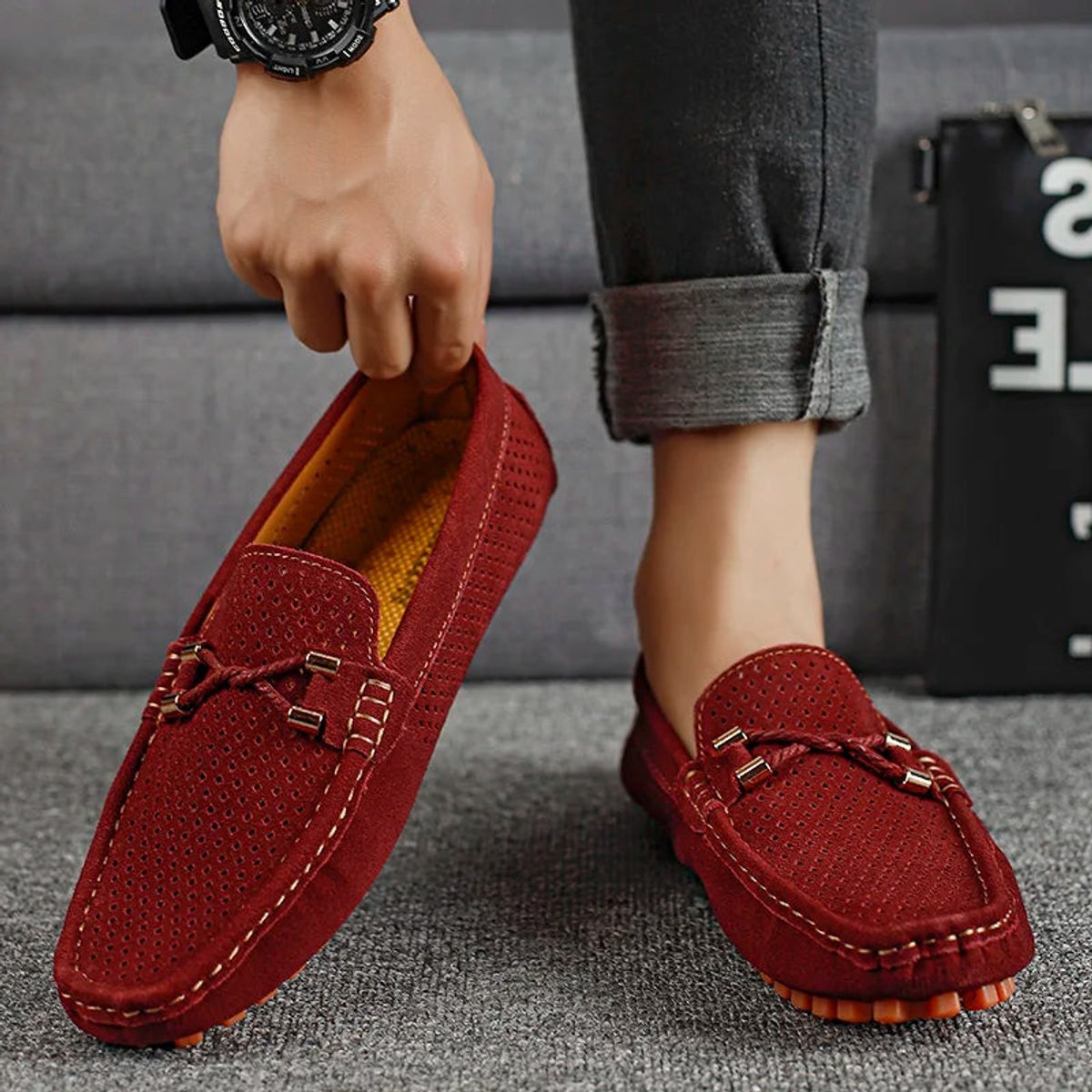 Men's Perforated Suede Slip-On Driving Loafers - Harren Cole