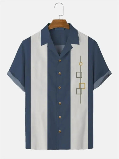 Men's Retro Stripe Short - Sleeve Shirt with Modern Print - Harren Cole