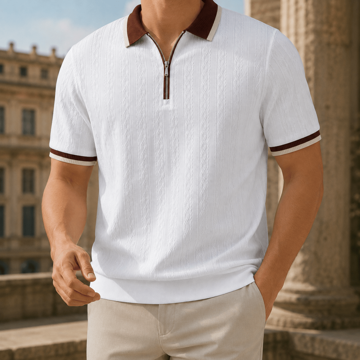 Men's Textured Woven Half Zip Polo Shirt - Harren Cole