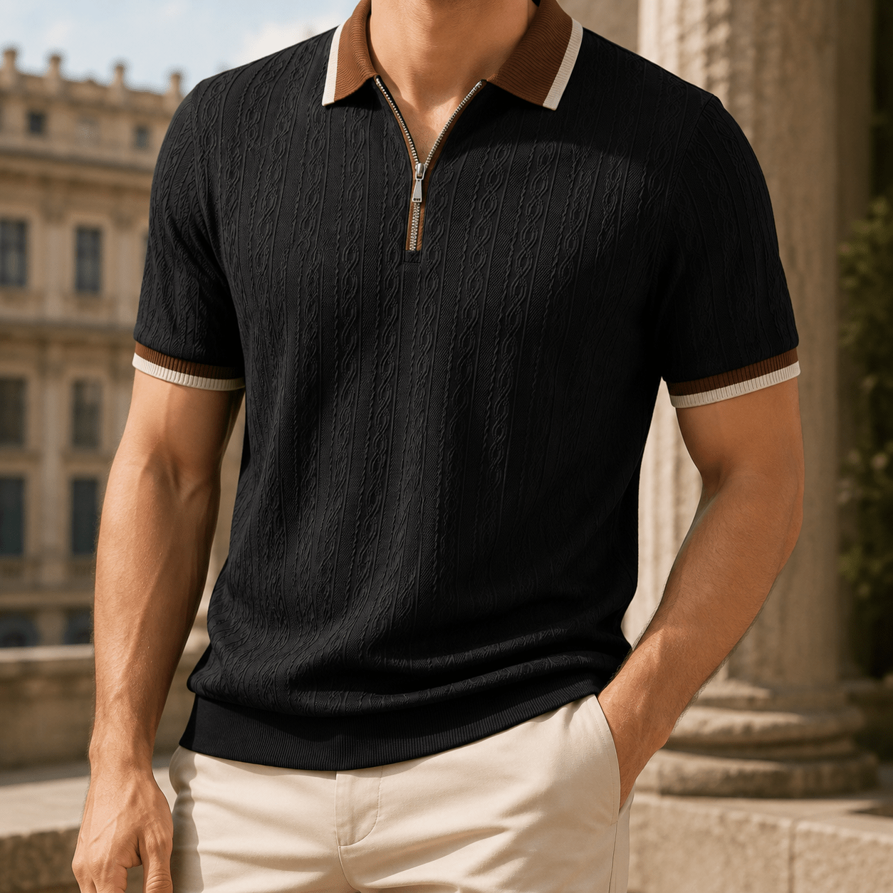 Men's Textured Woven Half Zip Polo Shirt - Harren Cole