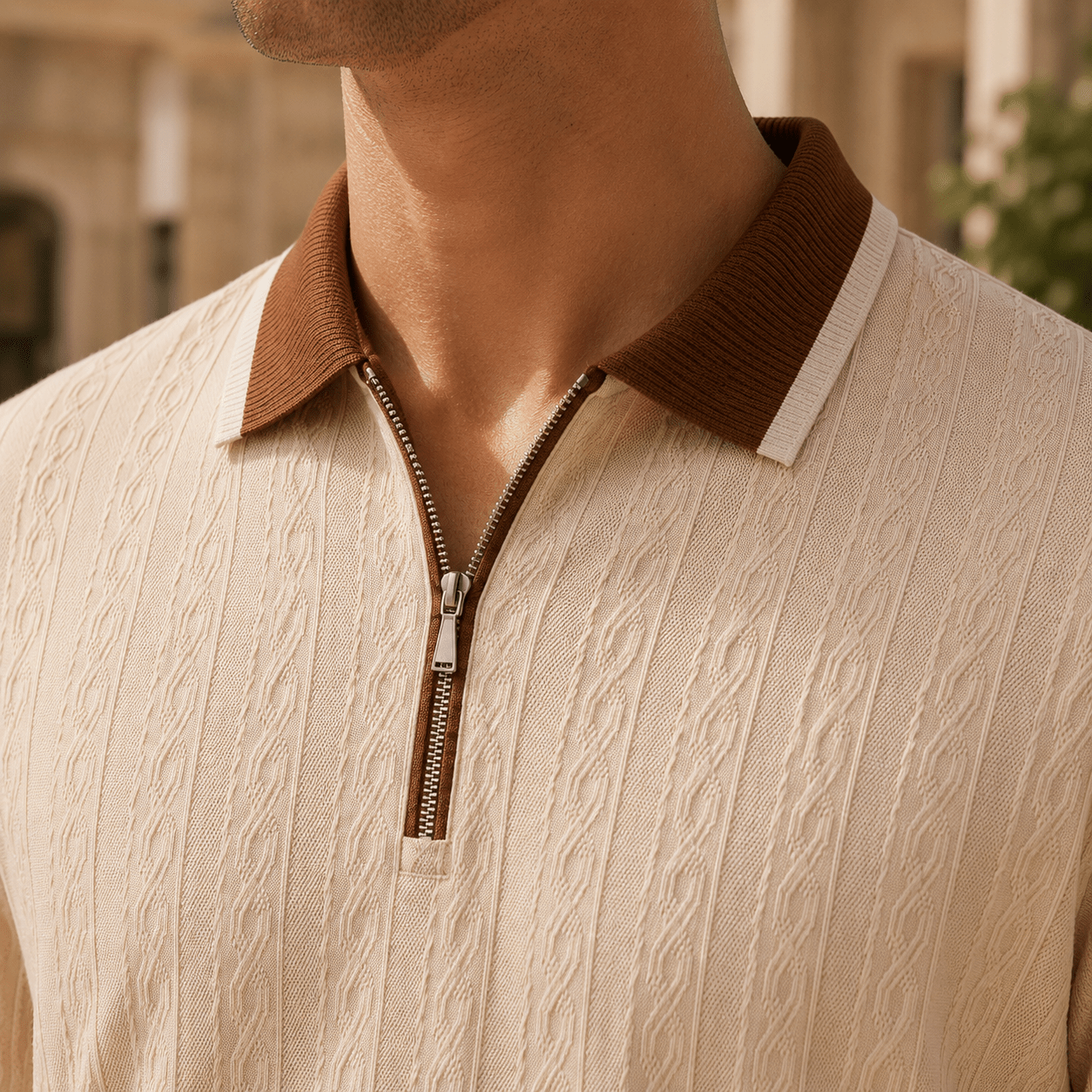 Men's Textured Woven Half Zip Polo Shirt - Harren Cole