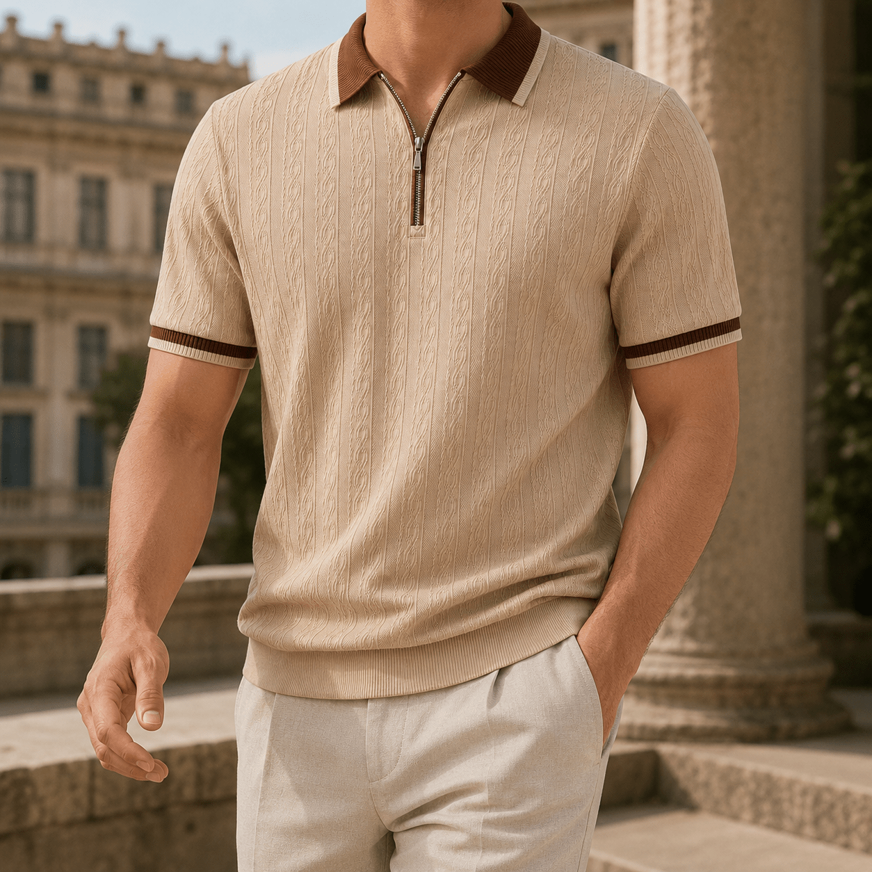 Men's Textured Woven Half Zip Polo Shirt - Harren Cole
