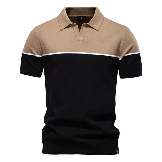 Men's Two - Tone V - Neck Polo Shirt with Ribbed Cuffs - Harren Cole