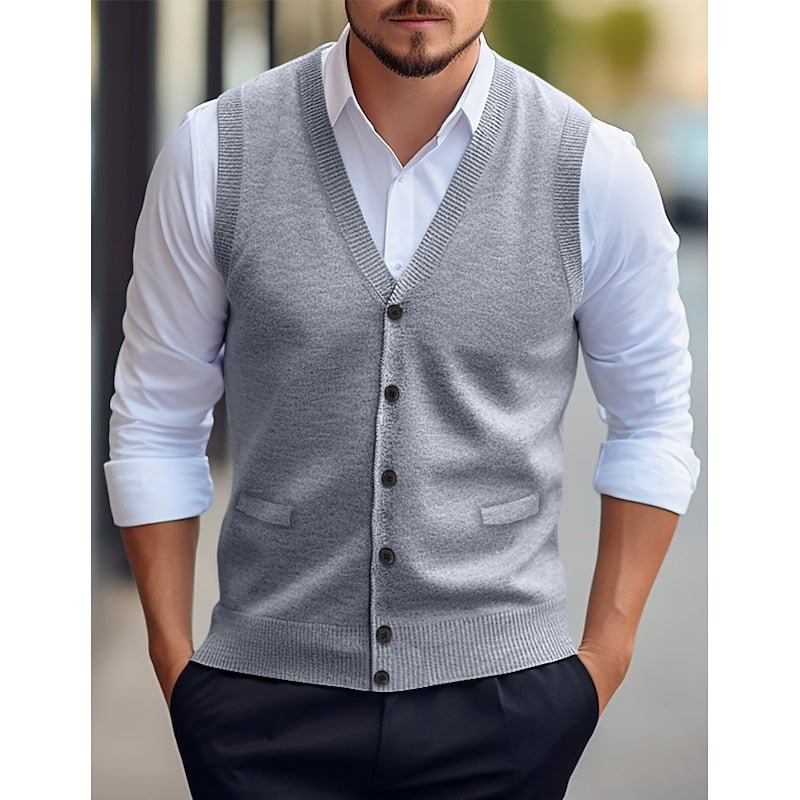 Men's V-Neck Knit Vest With Button Front - Harren Cole