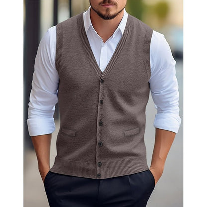 Men's V-Neck Knit Vest With Button Front - Harren Cole