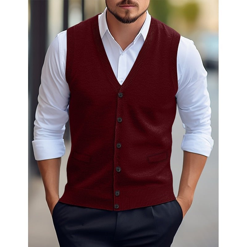 Men's V-Neck Knit Vest With Button Front - Harren Cole