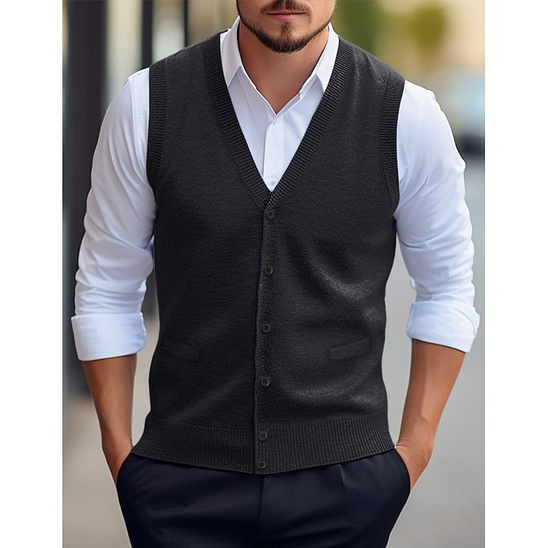Men's V-Neck Knit Vest With Button Front - Harren Cole