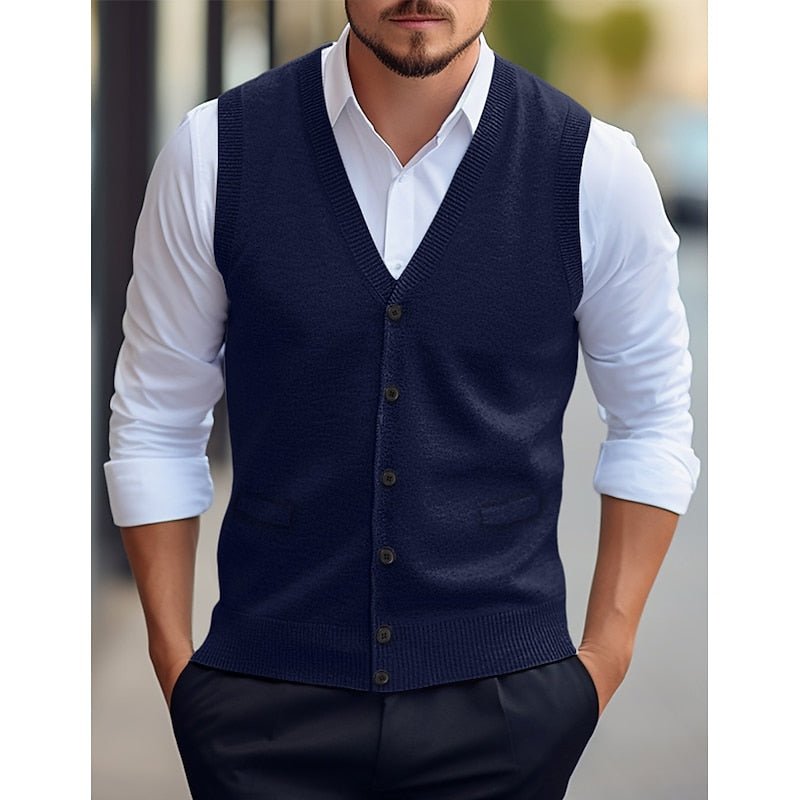 Men's V-Neck Knit Vest With Button Front - Harren Cole