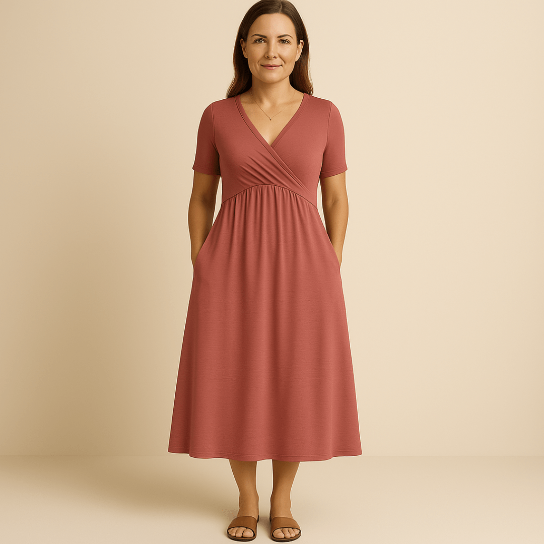 Midikleid mit V - Ausschnitt und fließender Silhouette - Livezo