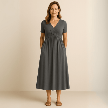Midikleid mit V - Ausschnitt und fließender Silhouette - Livezo