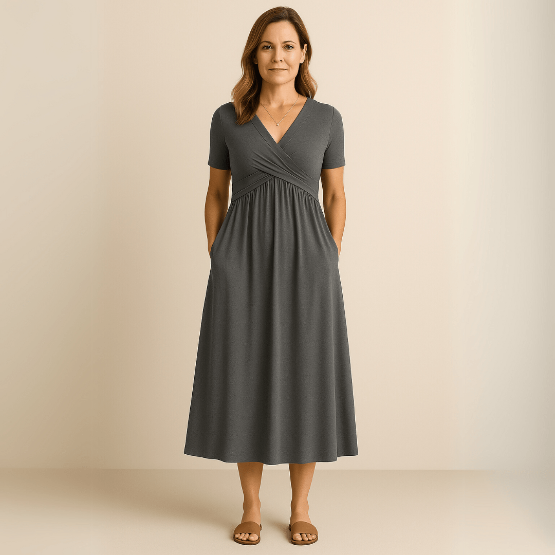 Midikleid mit V - Ausschnitt und fließender Silhouette - Livezo