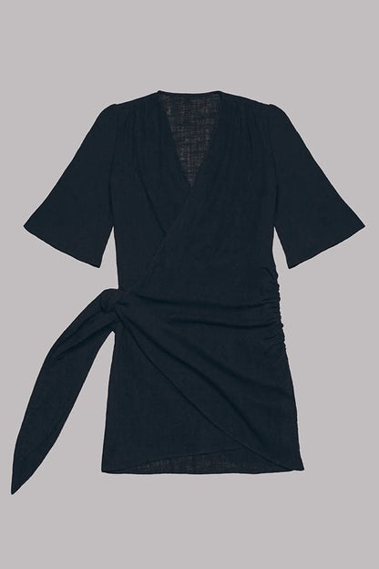 Minikleid aus Baumwoll - Leinen - Mischgewebe mit Knoten - Dekor - Livezo