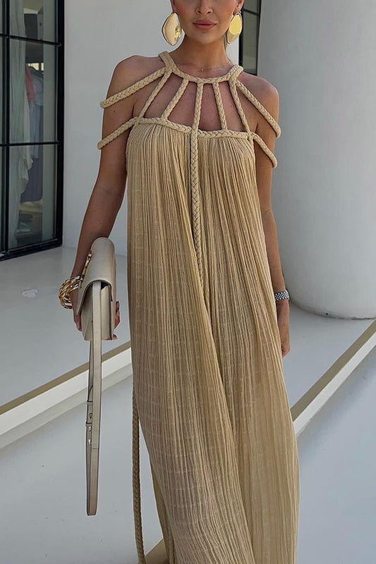 Modernes und elegantes Maxikleid mit drapierten Zopfdetails aus Leinenmischung - Livezo