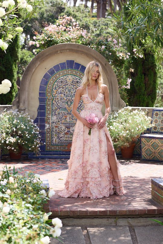 Pfirsichfarbenes, ärmelloses Midi - Kleid aus Gobelinstoff - Livezo