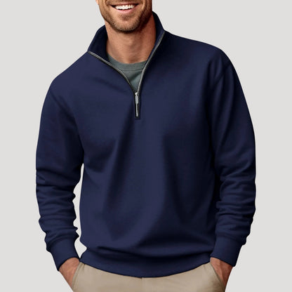 Close-up of the quarter-zip neckline on a men's sweater