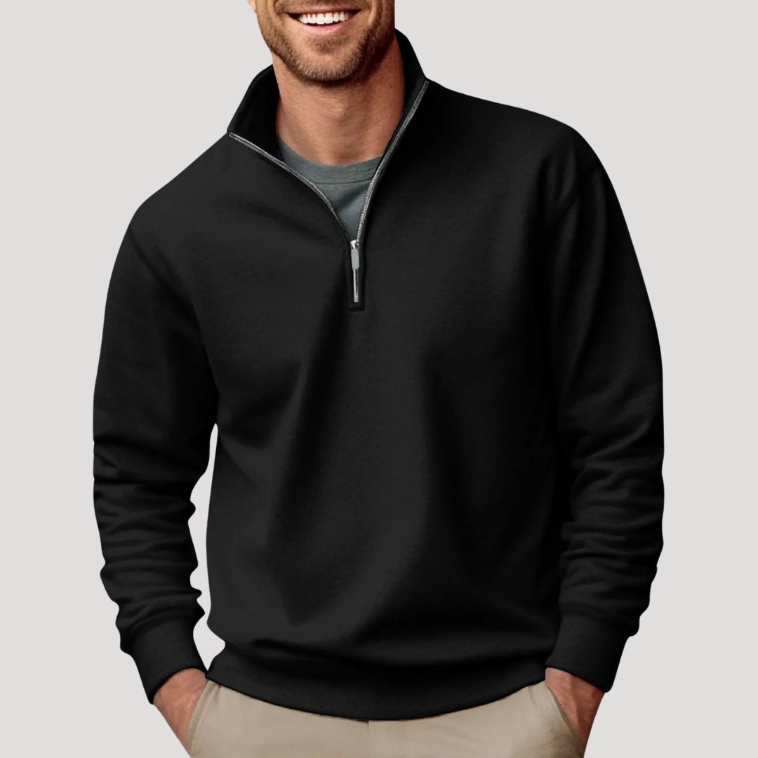 Side view of the men's quarter-zip knit sweater