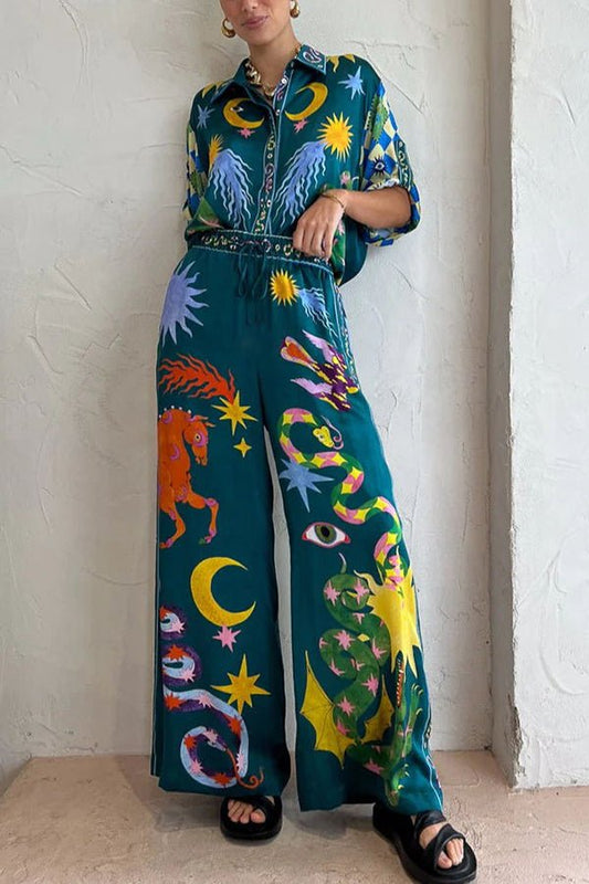 Pierson Leinenmischung Einzigartiger Print Elastischer Bund Mit Taschen Weite Bein Hose - Livezo