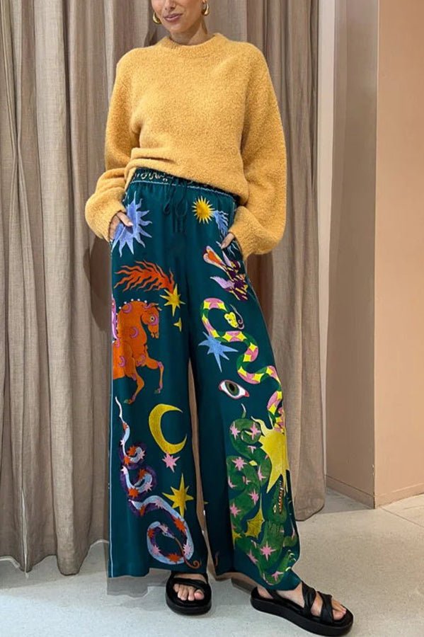 Pierson Leinenmischung Einzigartiger Print Elastischer Bund Mit Taschen Weite Bein Hose - Livezo