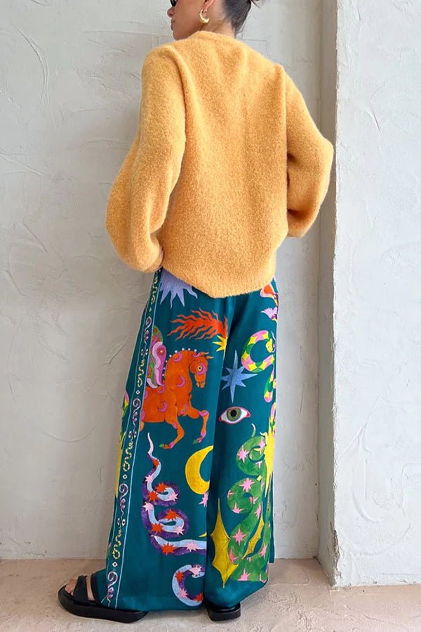Pierson Leinenmischung Einzigartiger Print Elastischer Bund Mit Taschen Weite Bein Hose - Livezo