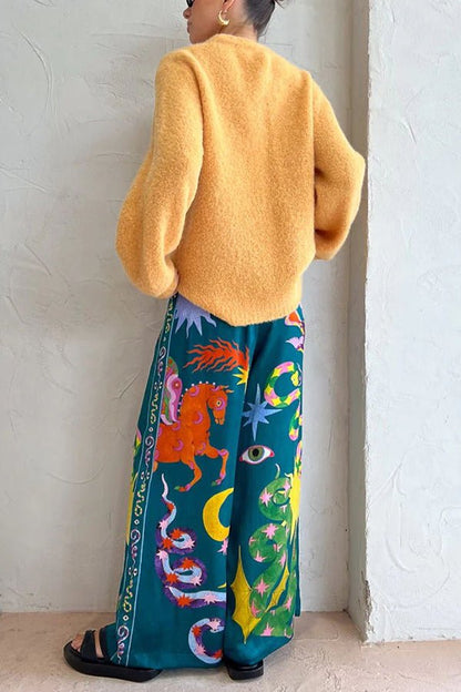 Pierson Leinenmischung Einzigartiger Print Elastischer Bund Mit Taschen Weite Bein Hose - Livezo