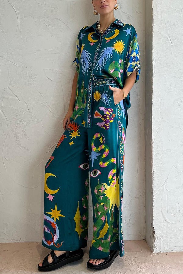 Pierson Leinenmischung Einzigartiger Print Elastischer Bund Mit Taschen Weite Bein Hose - Livezo