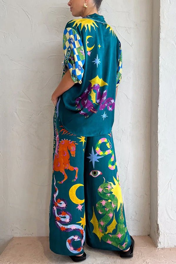 Pierson Leinenmischung Einzigartiger Print Elastischer Bund Mit Taschen Weite Bein Hose - Livezo