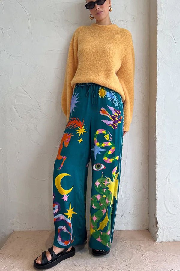 Pierson Leinenmischung Einzigartiger Print Elastischer Bund Mit Taschen Weite Bein Hose - Livezo