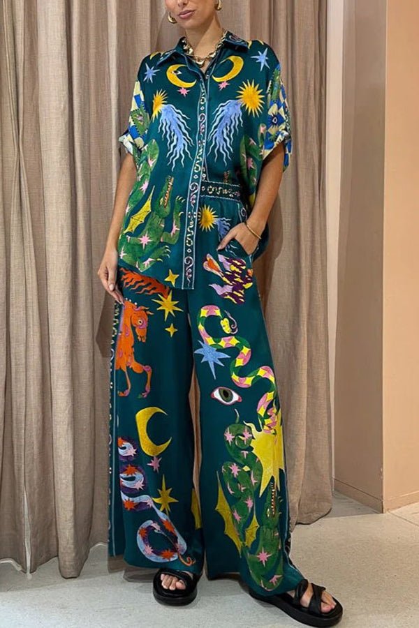 Pierson Leinenmischung Einzigartiger Print Elastischer Bund Mit Taschen Weite Bein Hose - Livezo