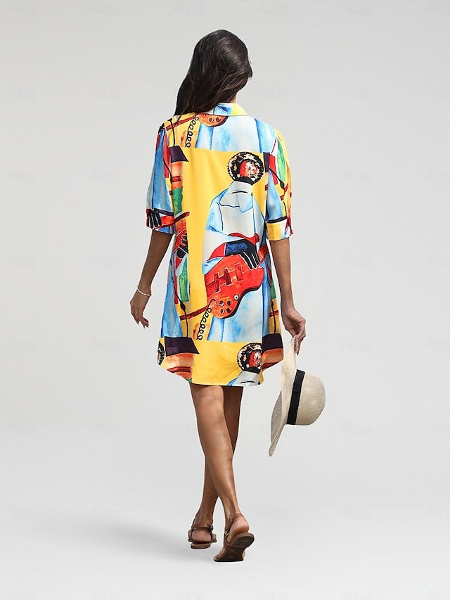 Farbenfrohes, kunstinspiriertes Hemdkleid mit Knopfleiste
