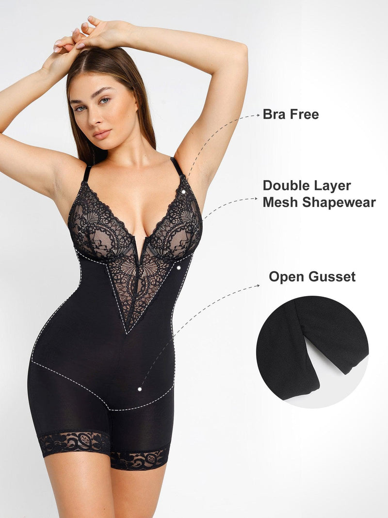 Shapewear Spitze Deep-V-Ausschnitt Body oder Faux-Leder-Röcke