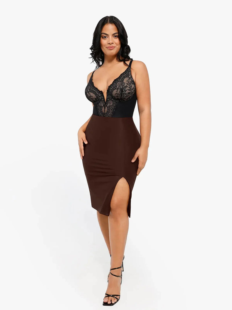 Shapewear Spitze Deep-V-Ausschnitt Body oder Faux-Leder-Röcke