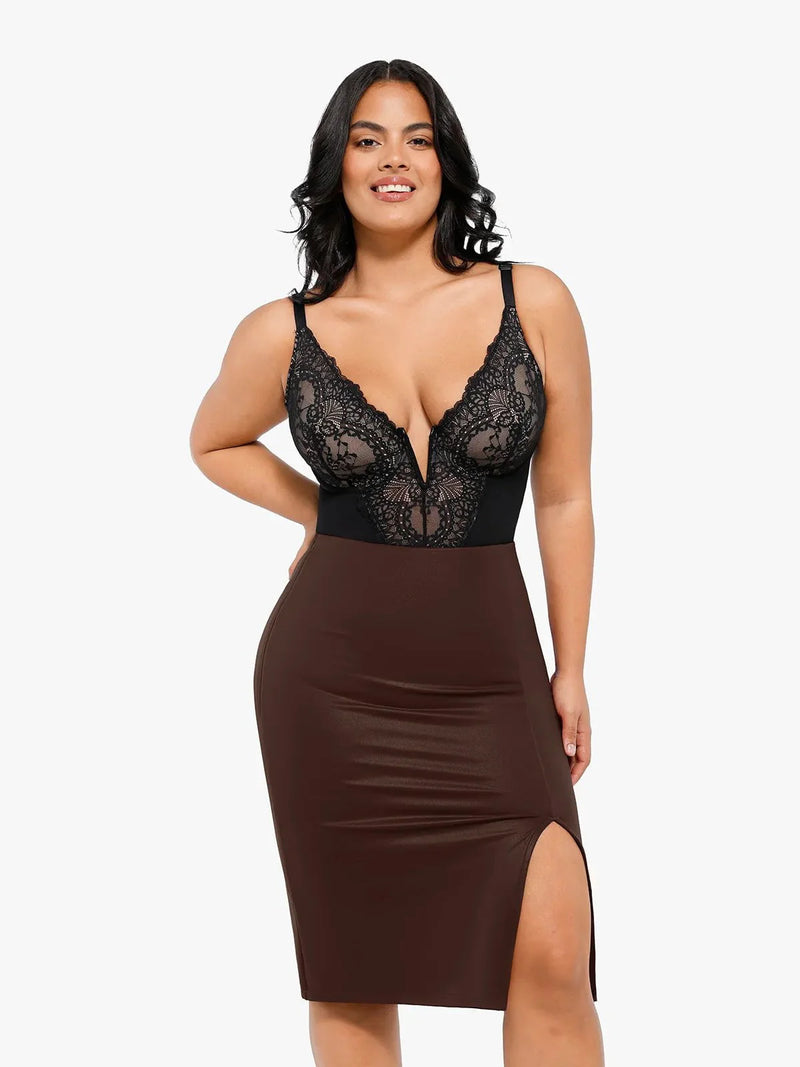 Shapewear Spitze Deep-V-Ausschnitt Body oder Faux-Leder-Röcke