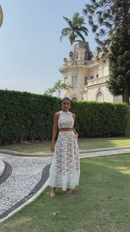 Besticktes Spitzen-Crop-Top mit Kokospalmenmuster