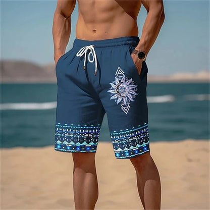 Printed Beach Shorts with Sun Motif - Harren Cole