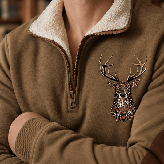 Quarter Zip Knit Sweater With Deer Motif - Harren Cole
