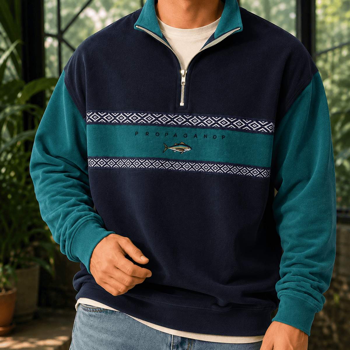 Quarter Zip Knit Sweater With Geometric Bands - Harren Cole