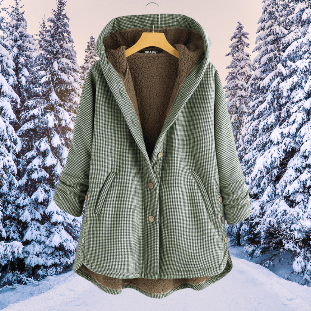 Remy - Karierte Damenjacke mit Knöpfen, Fleece - Futter und Kapuze - Livezo