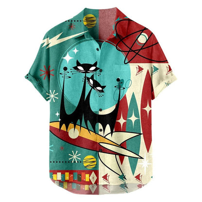 Retro Cat Motif Short Sleeve Shirt - Harren Cole