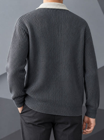 Ribbed Contrast Collar Button Cardigan - Harren Cole