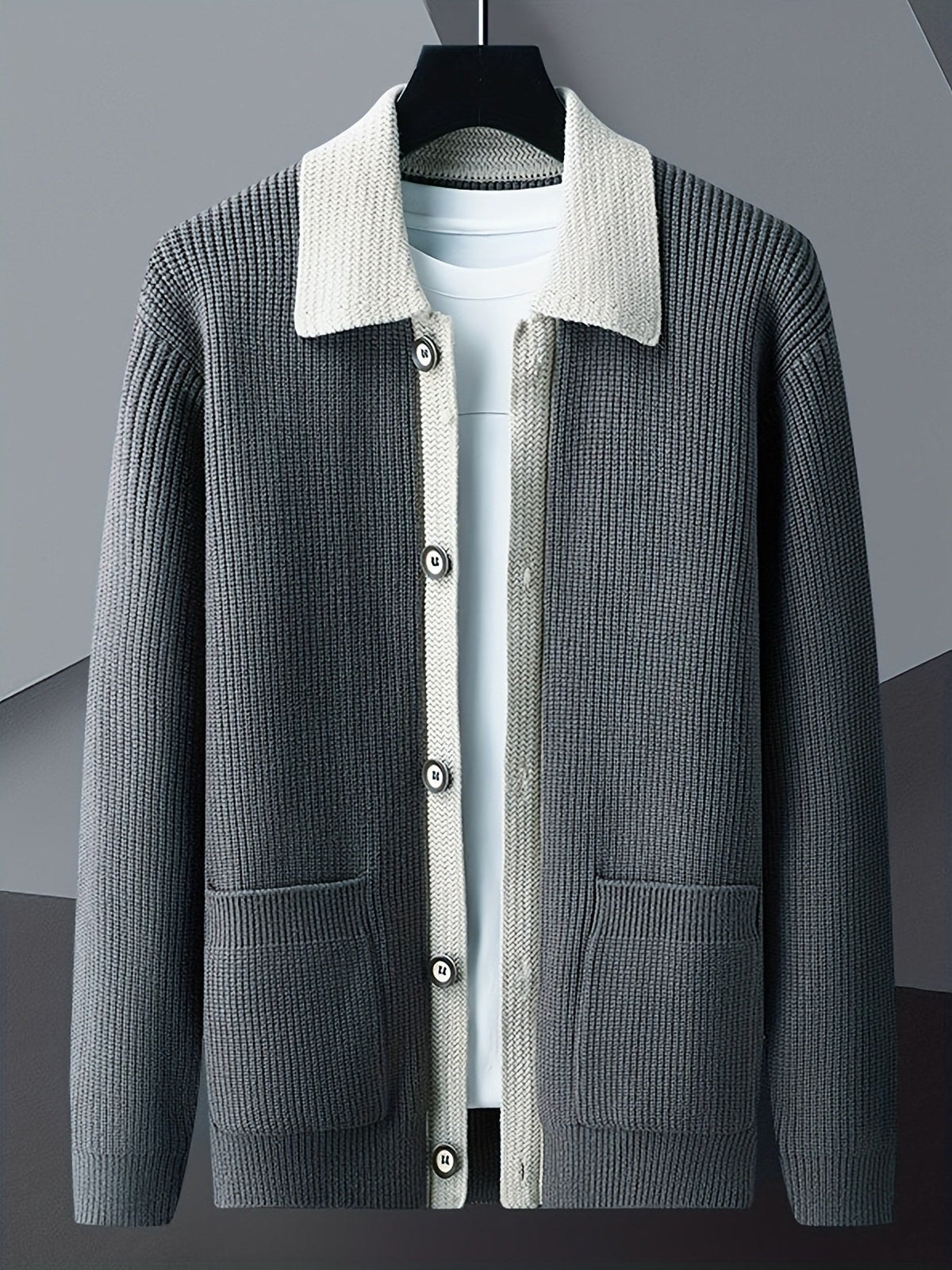 Ribbed Contrast Collar Button Cardigan - Harren Cole