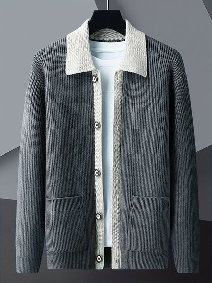 Ribbed Contrast Collar Button Cardigan - Harren Cole