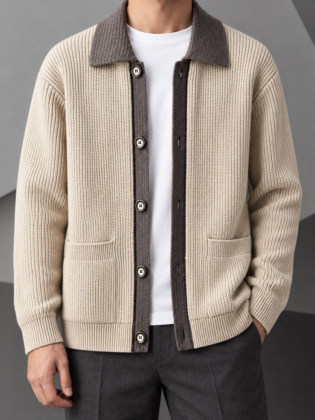 Ribbed Contrast Collar Button Cardigan - Harren Cole