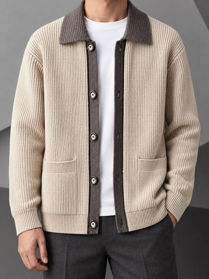 Ribbed Contrast Collar Button Cardigan - Harren Cole