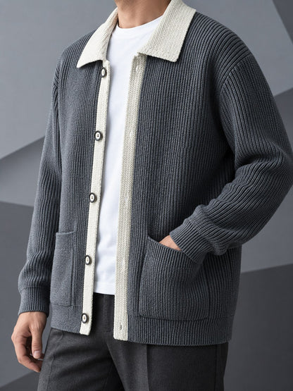 Ribbed Contrast Collar Button Cardigan - Harren Cole