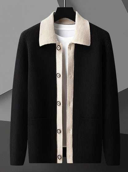 Ribbed Contrast Collar Button Cardigan - Harren Cole