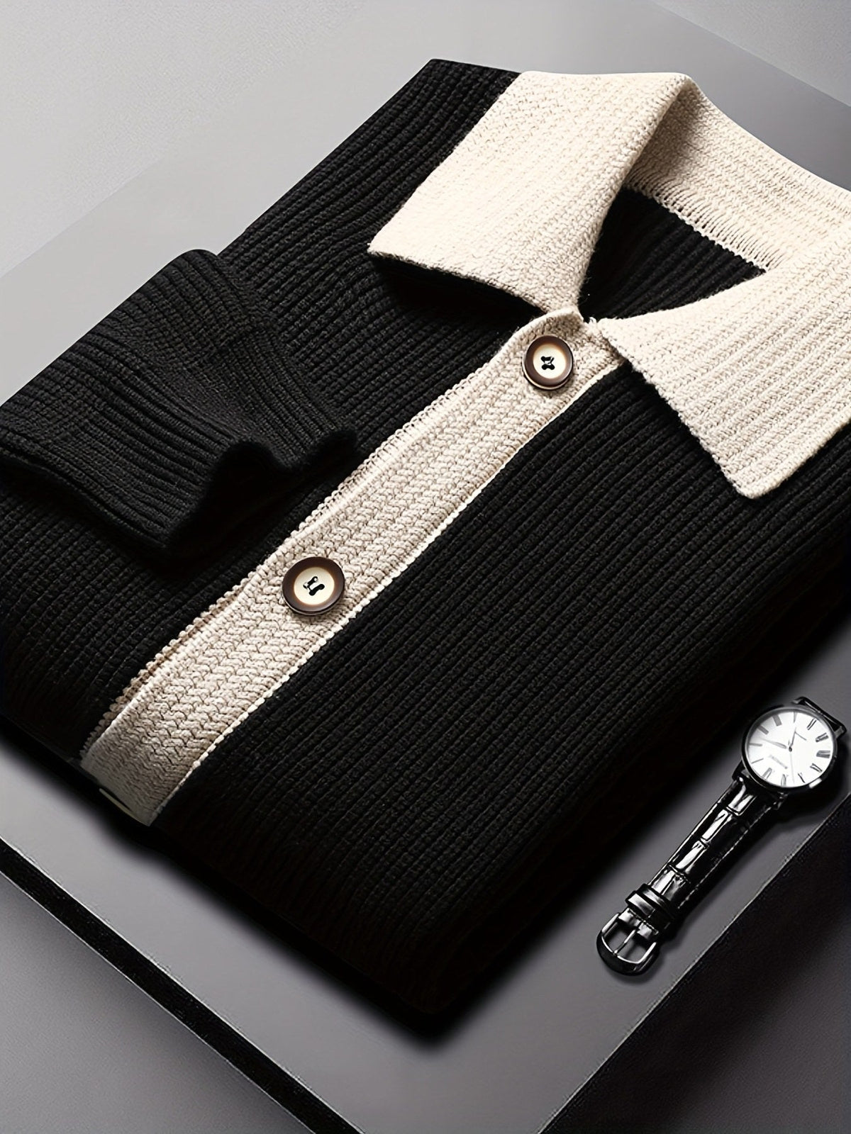 Ribbed Contrast Collar Button Cardigan - Harren Cole