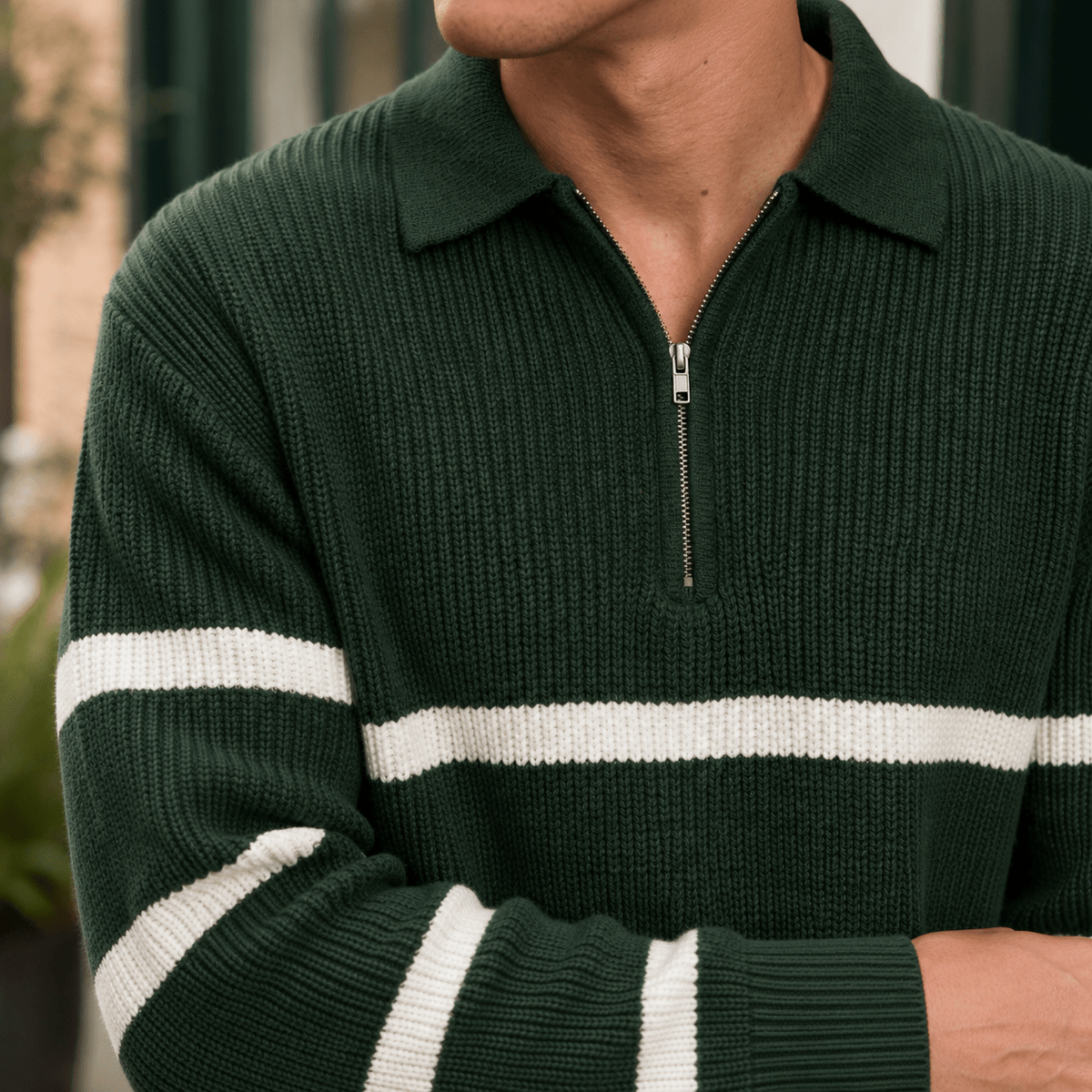 Ribbed Knit Half-Zip Collared Sweater - Harren Cole